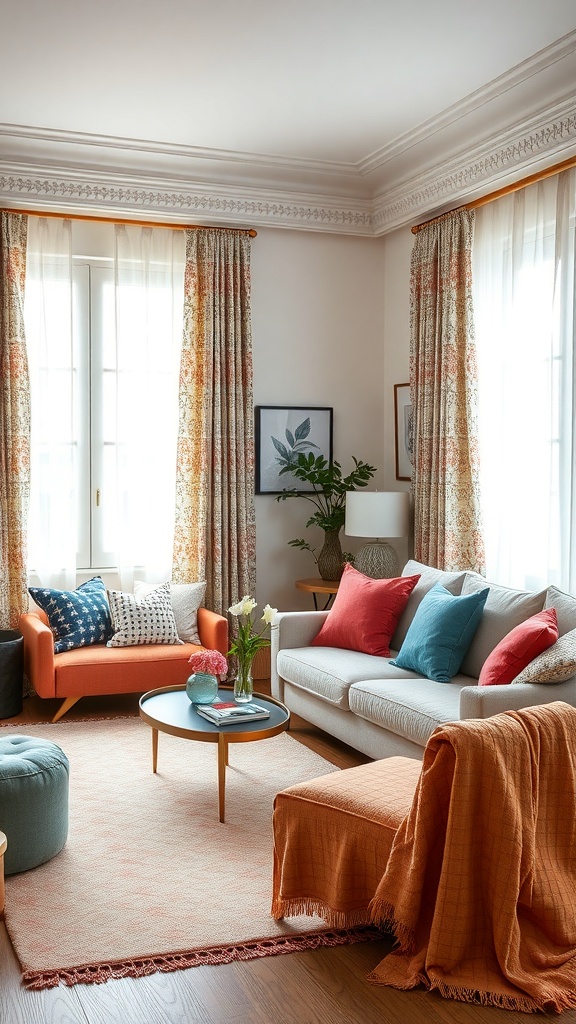 A colorful living room with patterned curtains, cushions, and furniture.