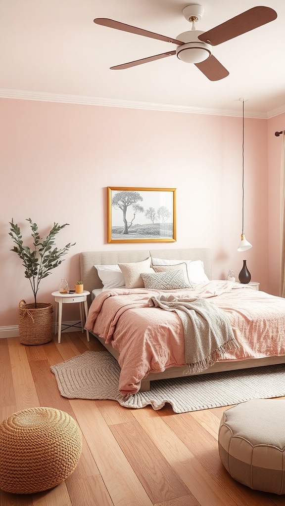 A cozy pink bedroom featuring light wood flooring, a pink bedspread, and earthy decor elements.