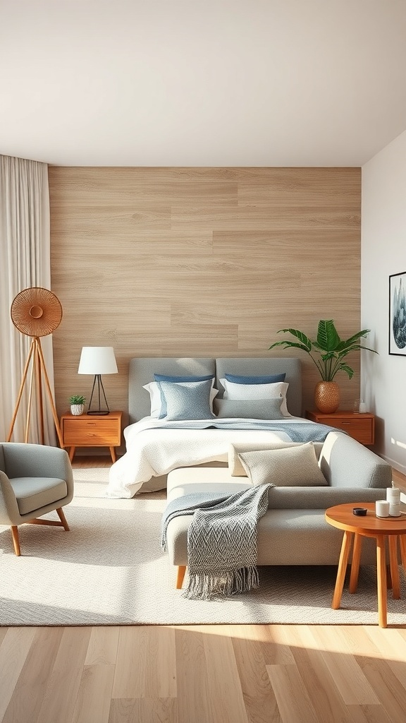 A cozy living room featuring a mix of textures with a soft sofa, wooden furniture, and decorative plants.