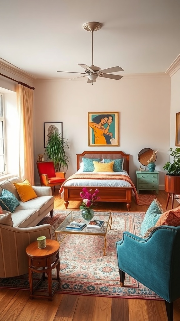 A colorful living room featuring a mix of vintage and modern decor, with a wooden bed, vibrant cushions, and plants.