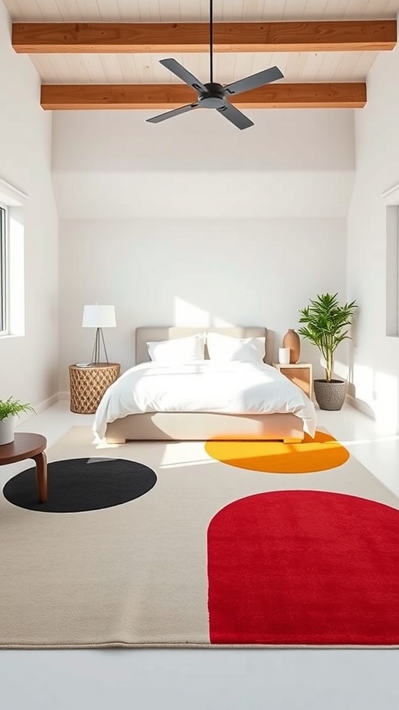 A modern bedroom featuring a geometric rug with bold circles in red, black, and orange.