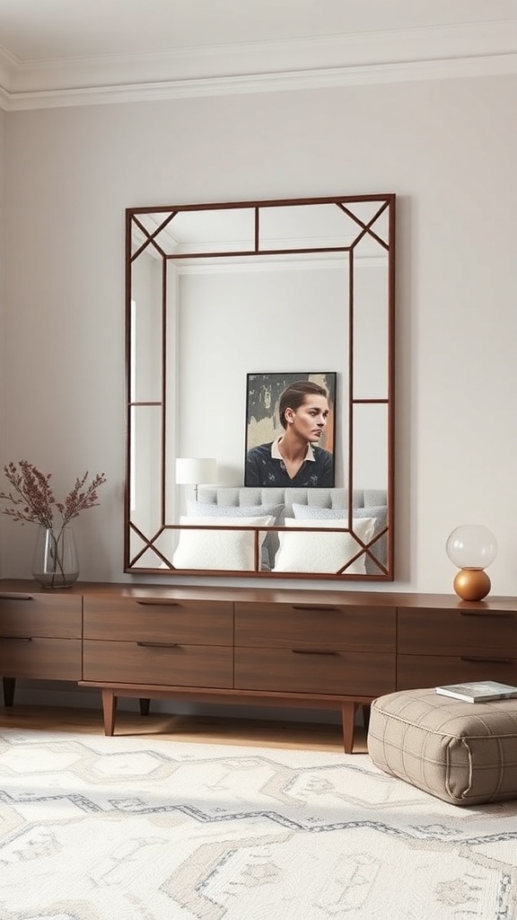 A modern geometric mirror frame above a wooden console table in a stylish room.