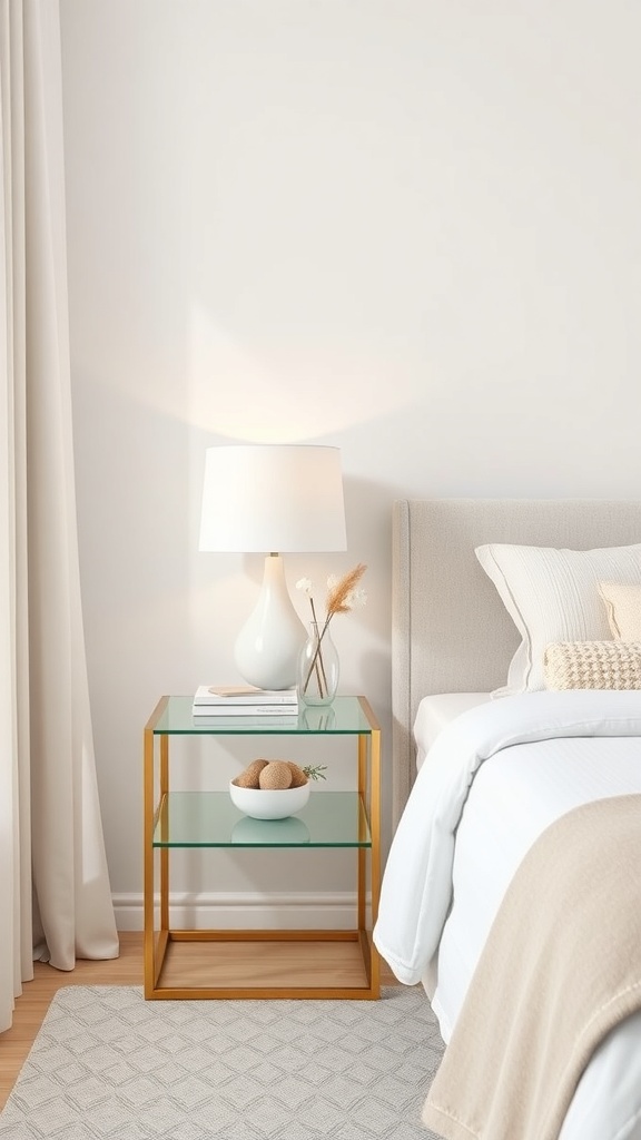 A modern glass side table with a golden frame, a lamp, and decorative items beside a bed.
