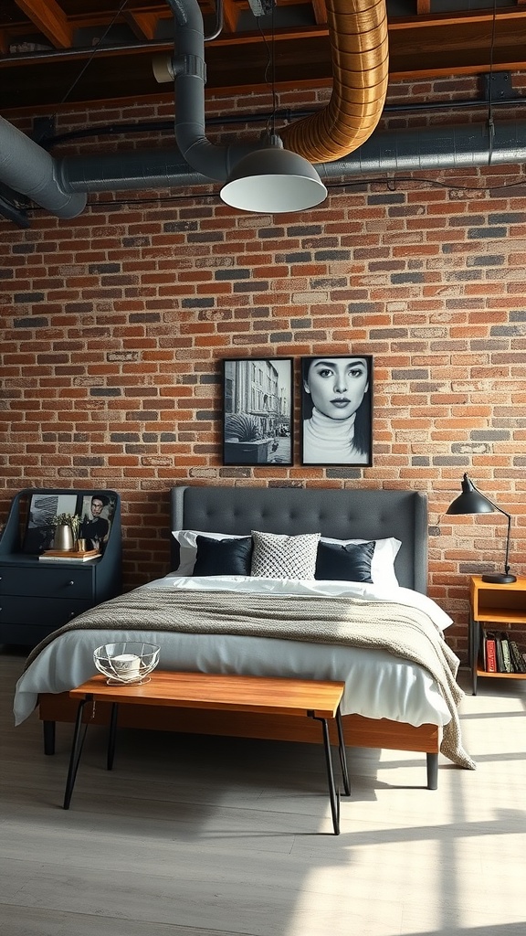 A modern industrial bedroom featuring exposed brick walls, metal pipes, and stylish decor.
