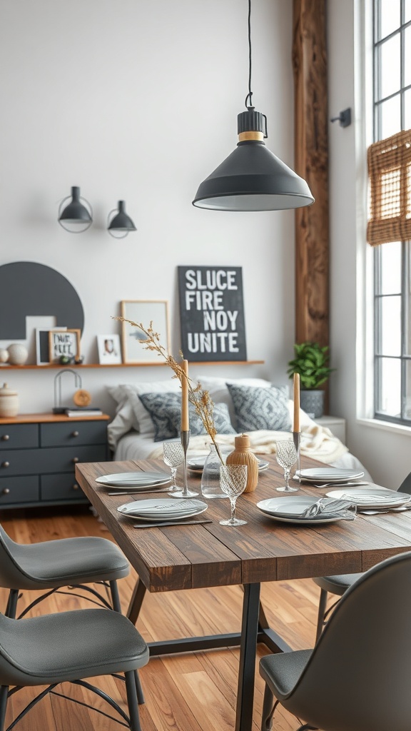 A modern industrial dining table setup featuring a wooden table, metal chairs, candles, and decorative items.