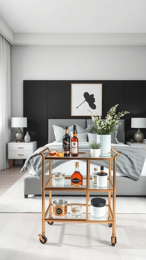 A modern minimalist bar cart setup in a stylish bedroom, featuring a gold frame cart with spirits and decorative jars.