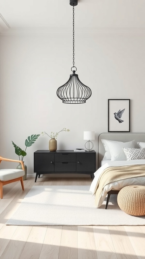 A modern minimalist bird cage hanging from the ceiling in a stylish room.