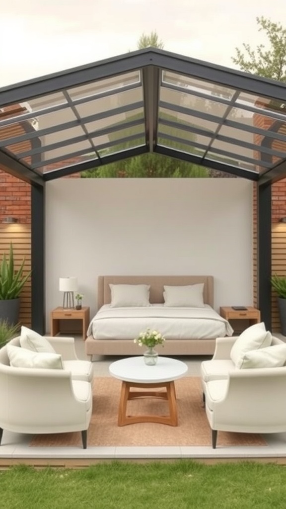 A modern minimalist gazebo with a transparent roof, featuring a bed and seating area surrounded by greenery.