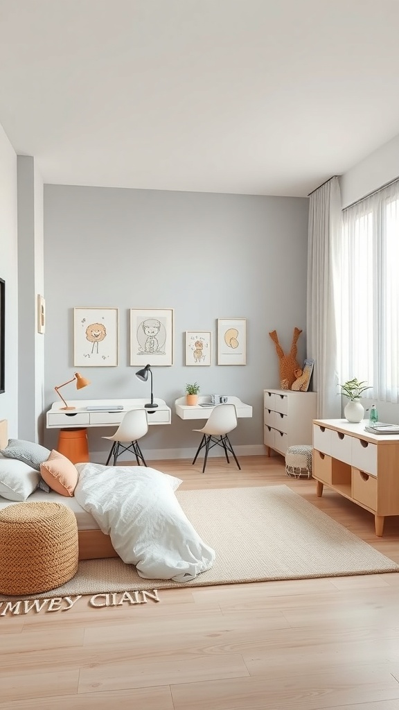 A modern minimalist children's room featuring a cozy bed, a study area, and playful wall art.