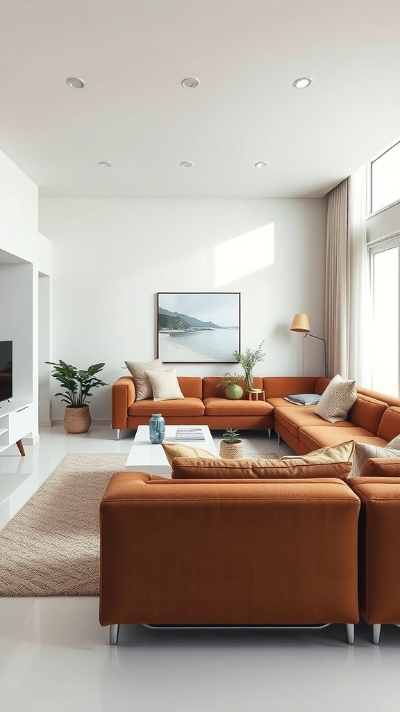 A modern minimalist living room featuring a brown sectional sofa, natural light, and simple decor.