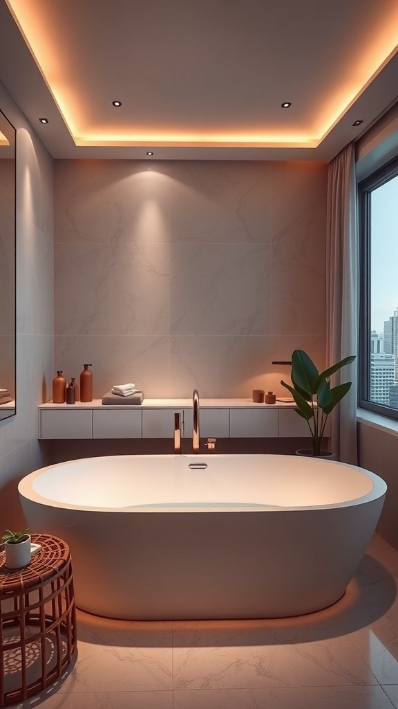A modern bathroom featuring a sleek oval bathtub, warm lighting, and stylish decor.