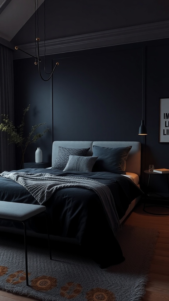A cozy bedroom with dark walls and bedding, featuring soft lighting and textured decor.