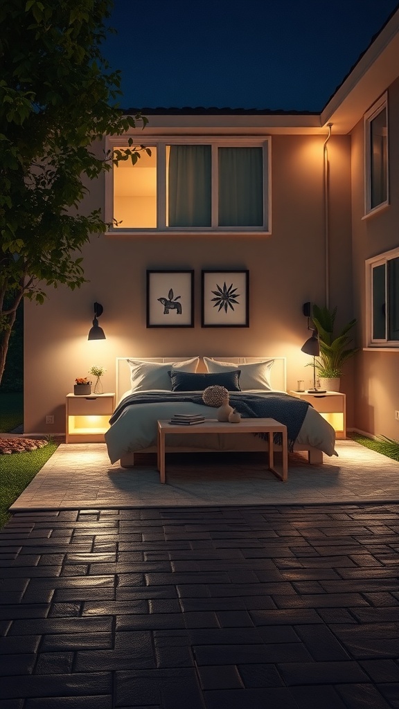 A cozy outdoor area with soft lighting around a bed, showcasing the use of motion sensor lights.