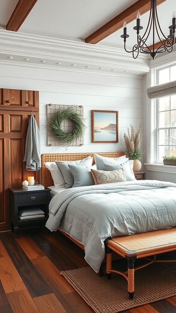 A cozy mudroom with wooden elements, soft bedding, and decorative wall art.