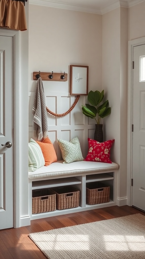 A cozy mudroom with a cushioned bench, colorful pillows, and storage baskets.