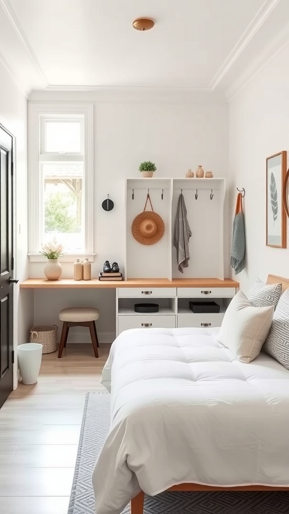 A small, bright mudroom with built-in shelving, hooks for coats, and a cozy bench.
