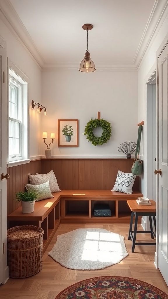 A cozy mudroom with warm lighting, featuring a pendant light, wall sconces, and natural light from a window.