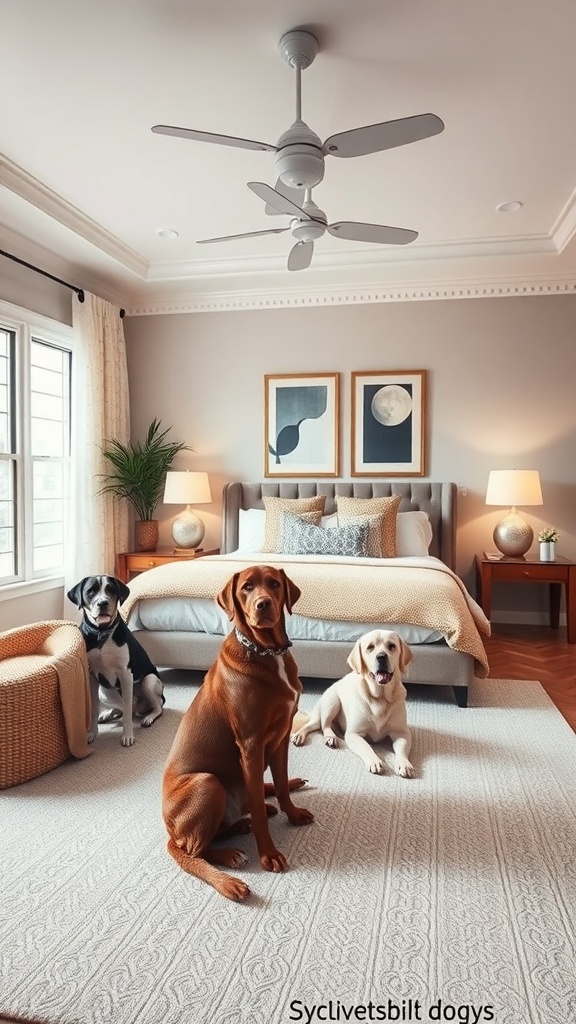 A stylish room featuring three dogs sitting on a soft rug, showcasing a cozy multi-dog living space.