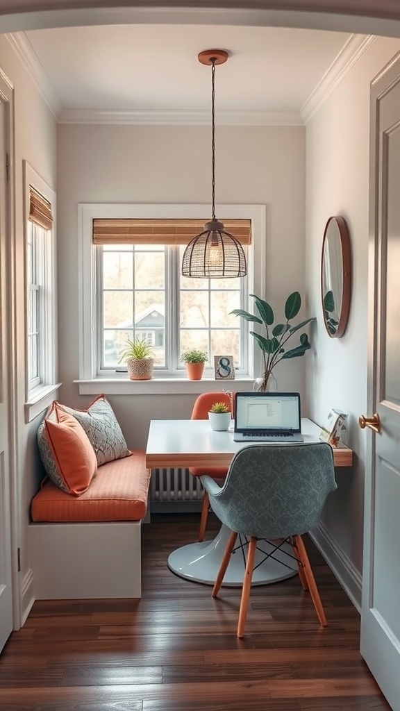 A cozy breakfast nook with a built-in bench, table, and laptop, surrounded by natural light and plants.