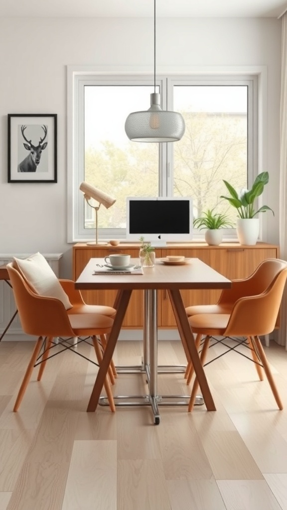 A modern dining area featuring a space-saving dining table with orange chairs and natural light from large windows.