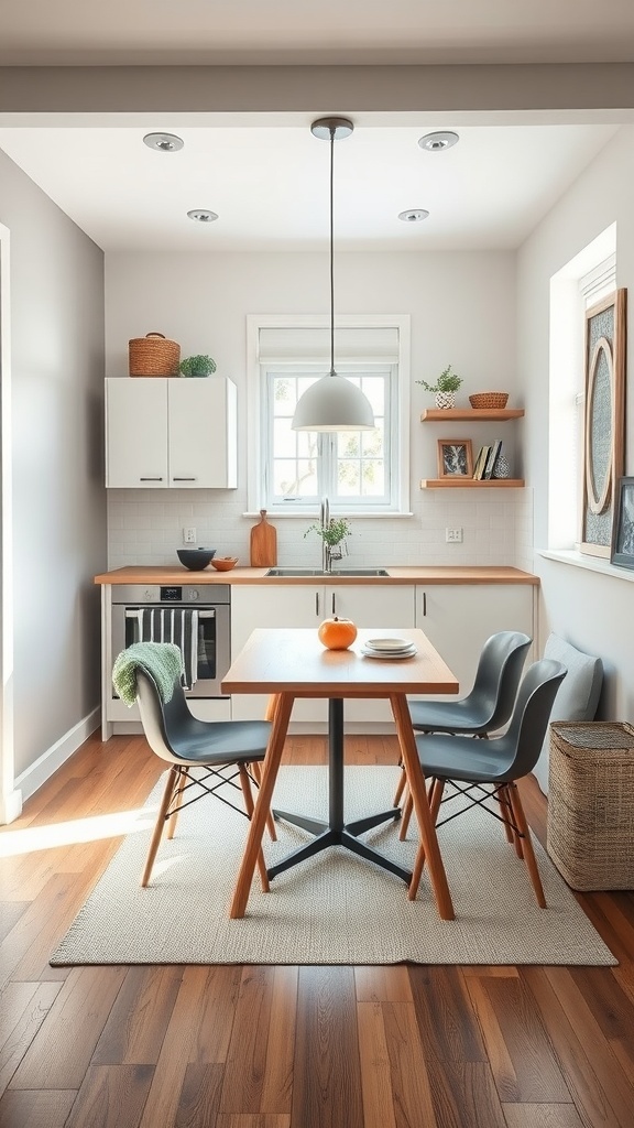 A modern tiny kitchen with multi-functional furniture and a cozy dining area