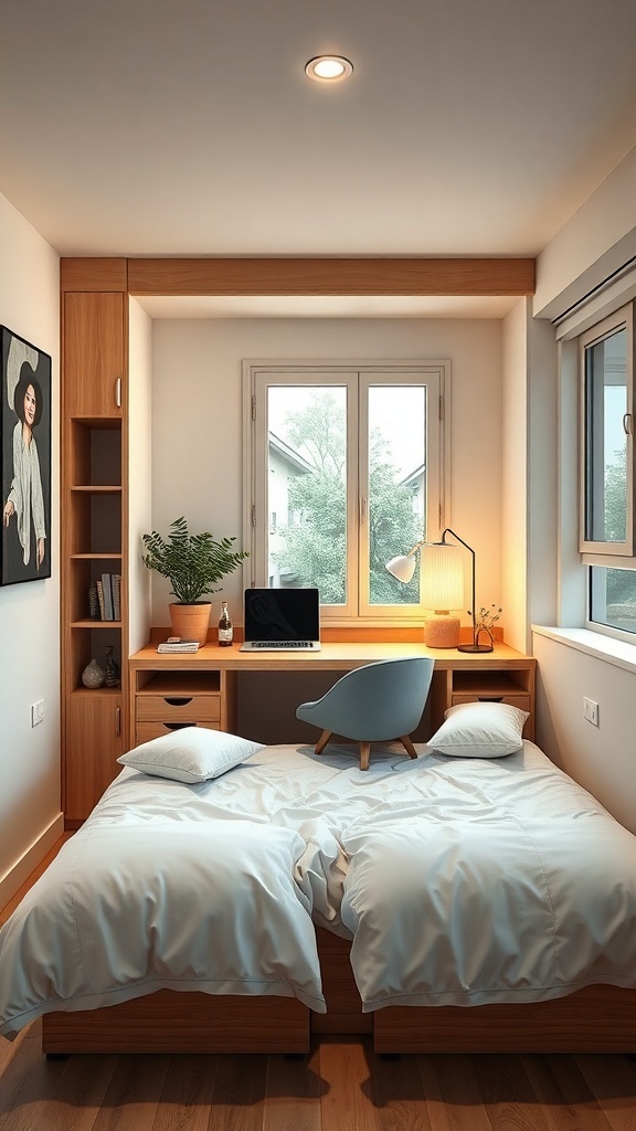 A small bedroom featuring a bed and a compact workspace with a desk and chair.