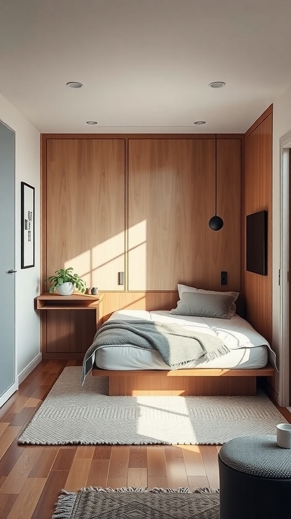 Small modern bedroom with wooden furniture and integrated storage solutions.