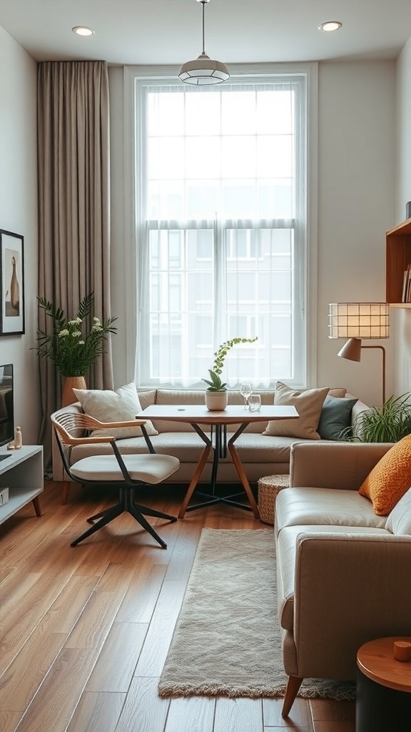 A cozy well-decorated living space with multi-functional furniture, showcasing a sleek sofa, round dining table, and a stylish accent chair.