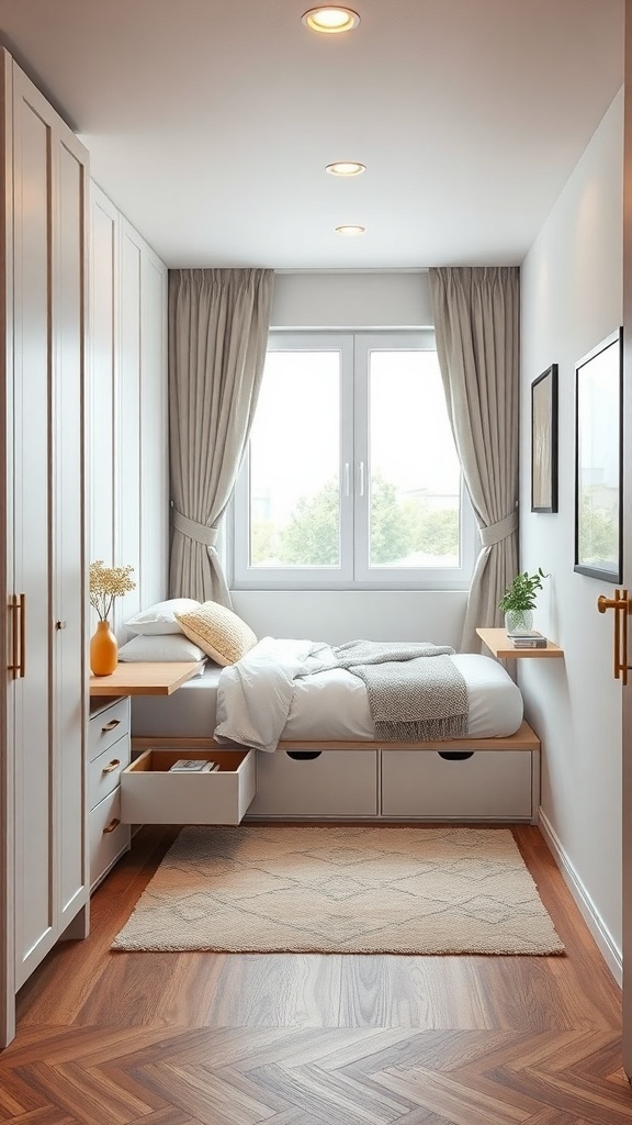 A cozy tiny bedroom featuring multi-functional furniture such as a bed with storage and a floating nightstand.