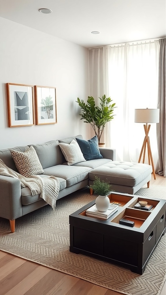 Cozy living room in a tiny apartment featuring a gray sofa, coffee table with storage, and potted plant.