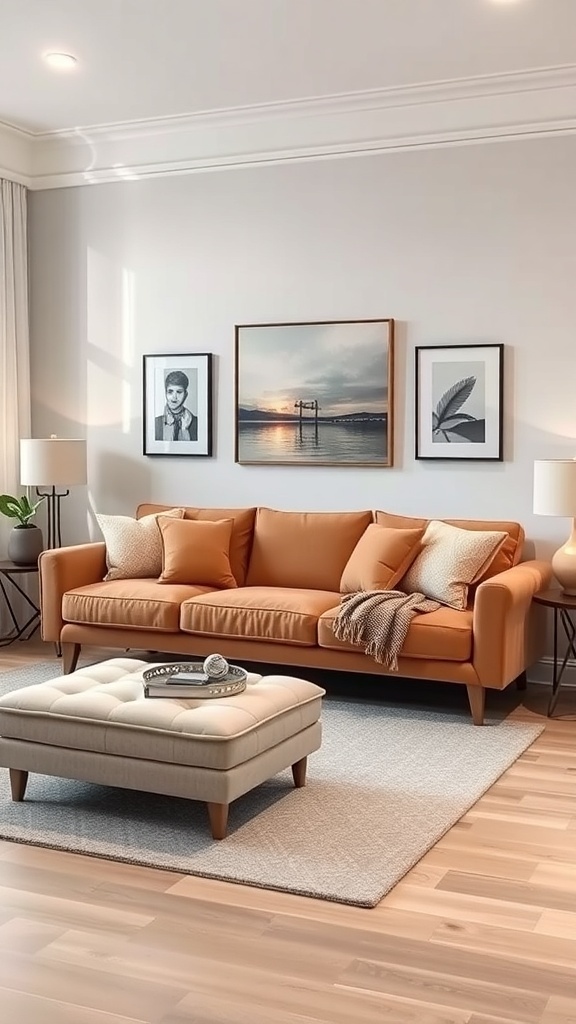 A stylish living room featuring an orange sofa and a beige ottoman, illustrating multi-functional furniture solutions.