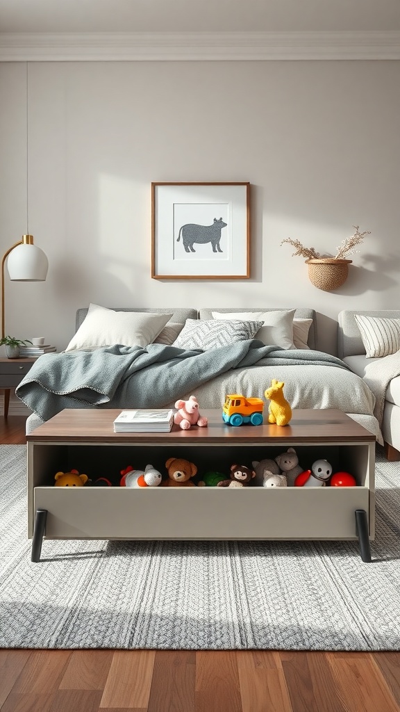A stylish coffee table with a toy storage drawer, featuring plush toys and a cozy living room setup.