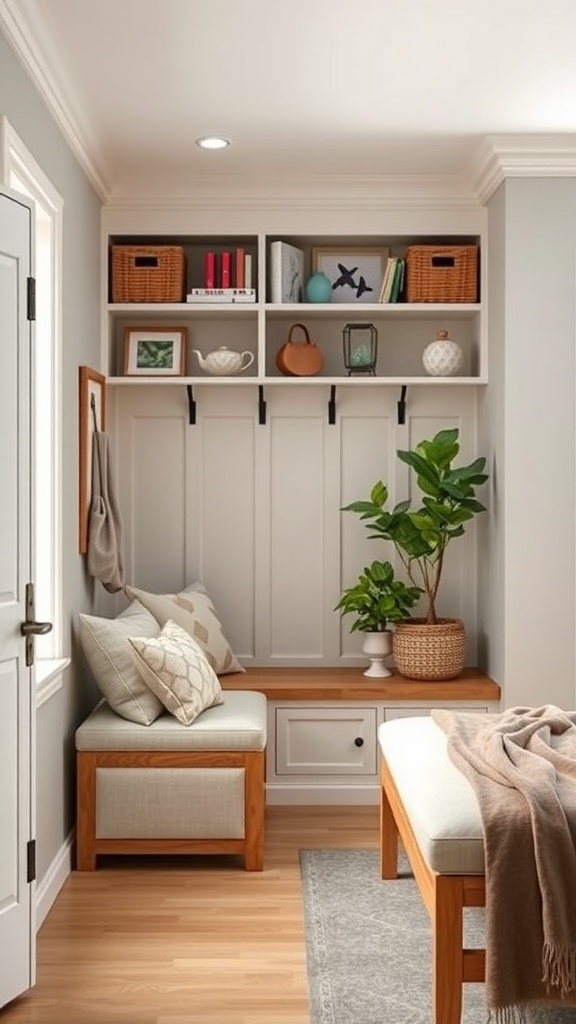 A stylish mudroom with a bench, shelves, and plants, showcasing multi-functional furniture.