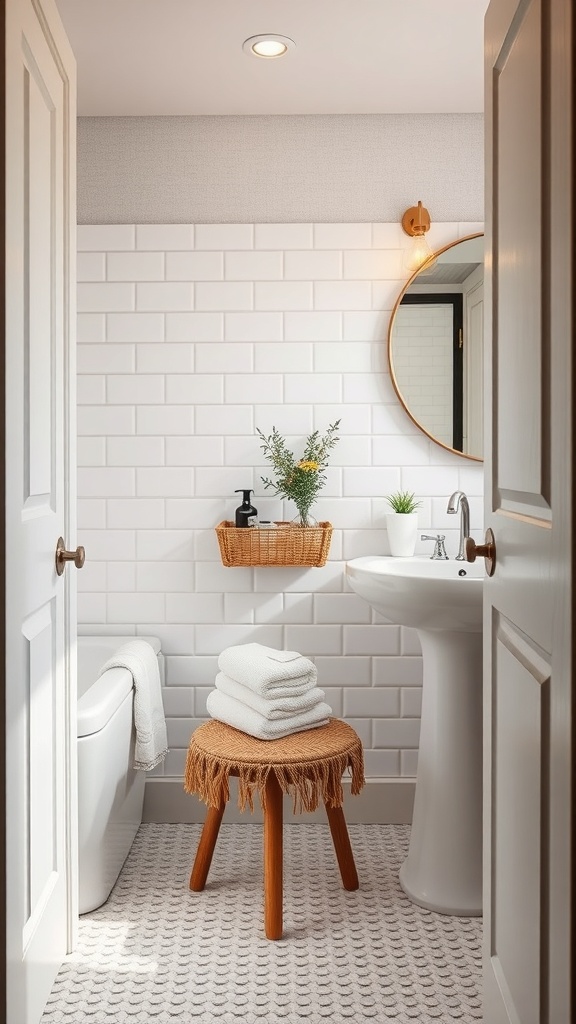 A small bathroom with a stool, towels, and a wall-mounted basket.