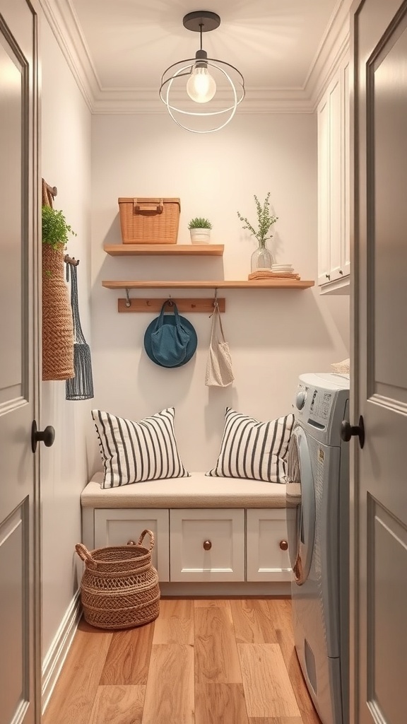 A narrow laundry room featuring multi-functional furniture, including a storage bench with striped cushions and wooden shelves.