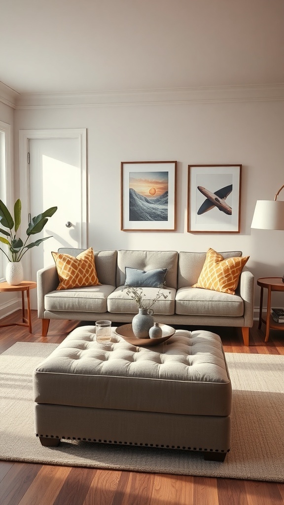 A cozy living room with a sofa, colorful cushions, and a multi-functional ottoman that doubles as storage.
