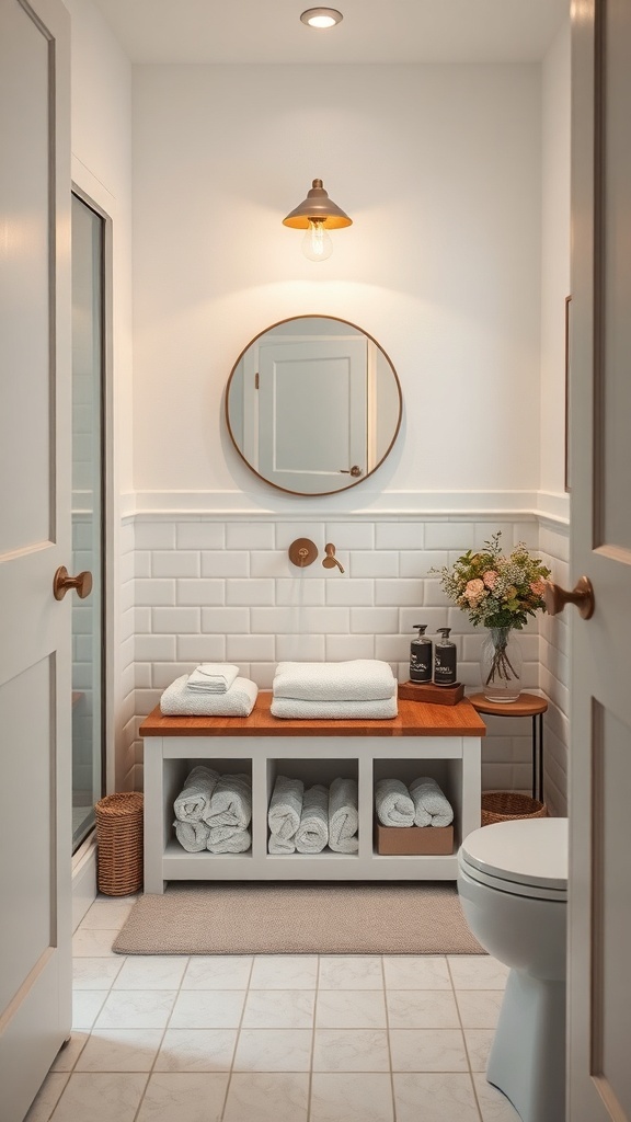 A small bathroom with a multi-functional bench, open shelves displaying neatly stacked towels, a round mirror, and gentle lighting.