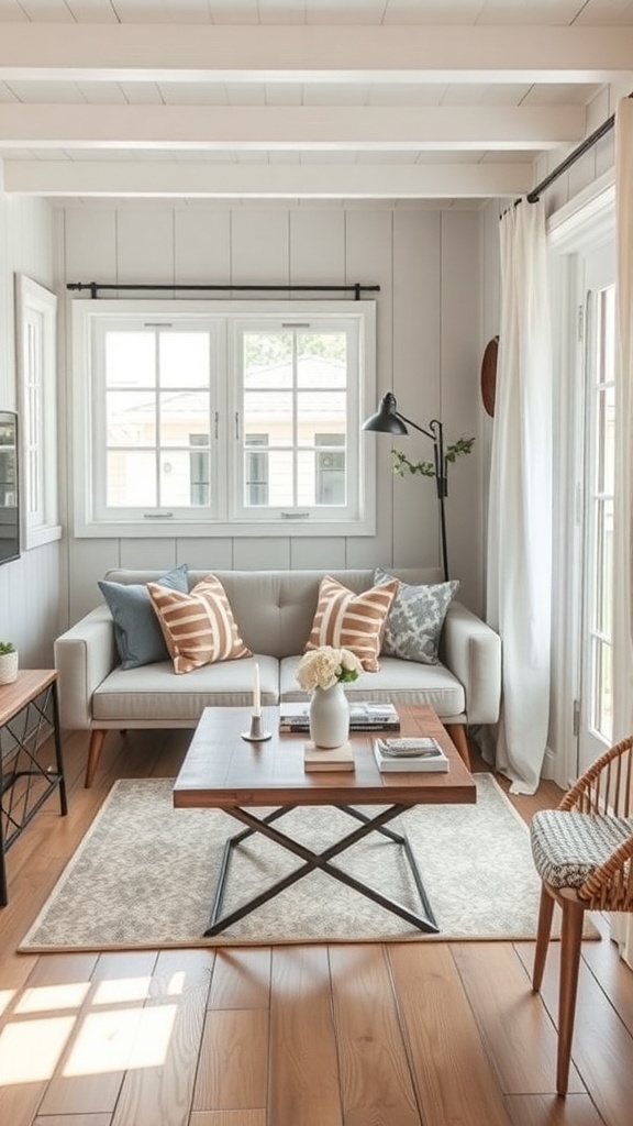A cozy interior of a tiny cottage featuring multi-functional furniture, including a stylish sofa, coffee table, and decorative elements.