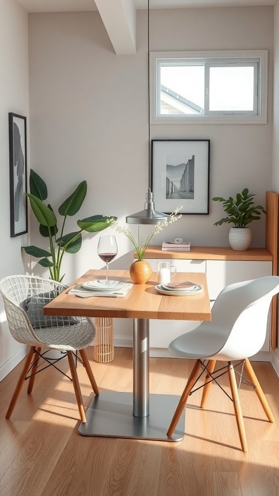 A small dining area with a wooden table, two chairs, and decorative plants.