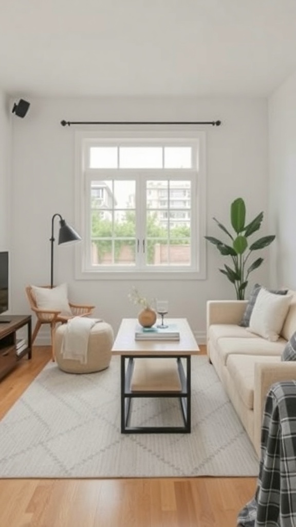 Cozy living room featuring multi-functional furniture including a coffee table, sofa, pouf, and a plant.