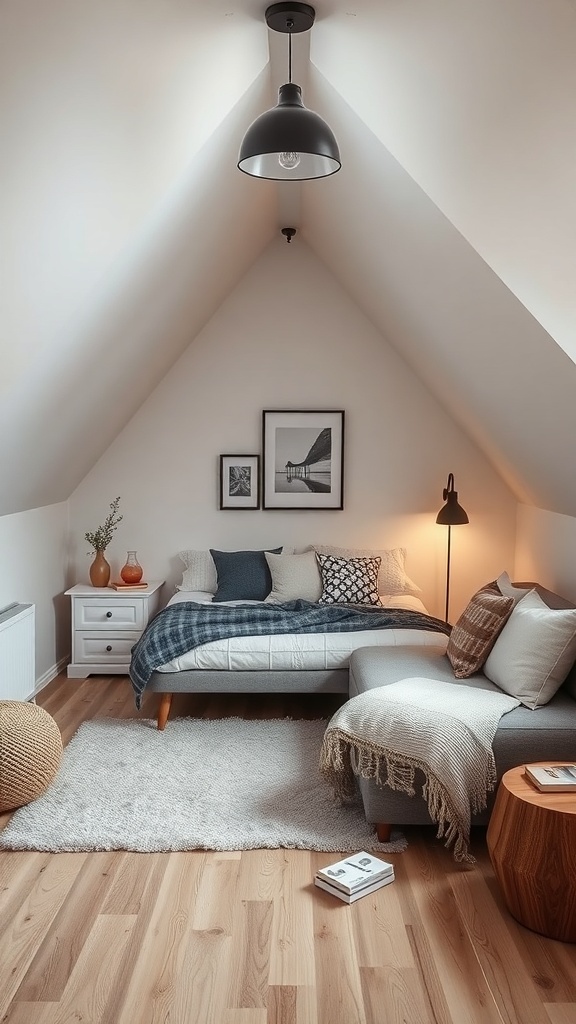 A cozy tiny attic bedroom featuring multi-functional furniture, including a bed, a stylish nightstand, and a chair.