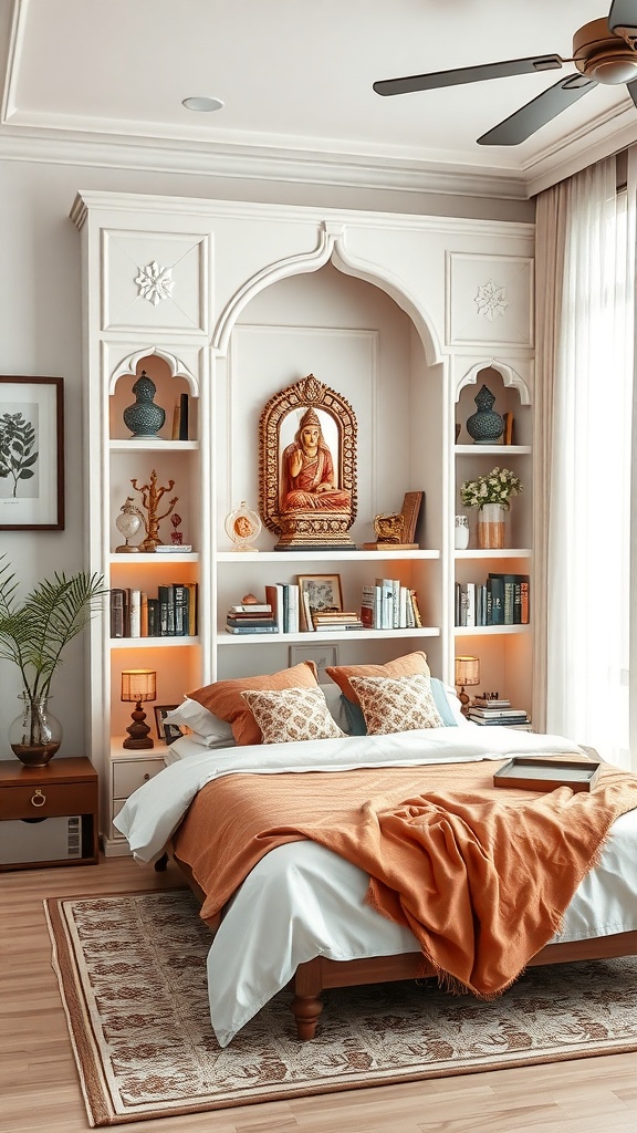 A cozy bedroom featuring a wall-mounted mandir with shelves, warm lighting, and a neatly made bed.