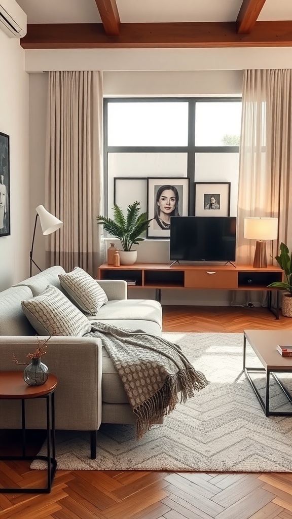 A stylish living room featuring a multi-functional sofa bed, decorated with throw pillows and a blanket, surrounded by warm wooden floors and natural light.
