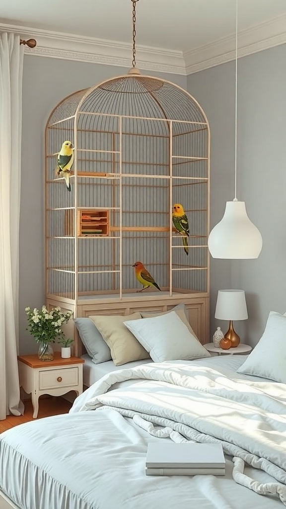 A stylish multi-level bird cage with colorful birds in a cozy bedroom setting.