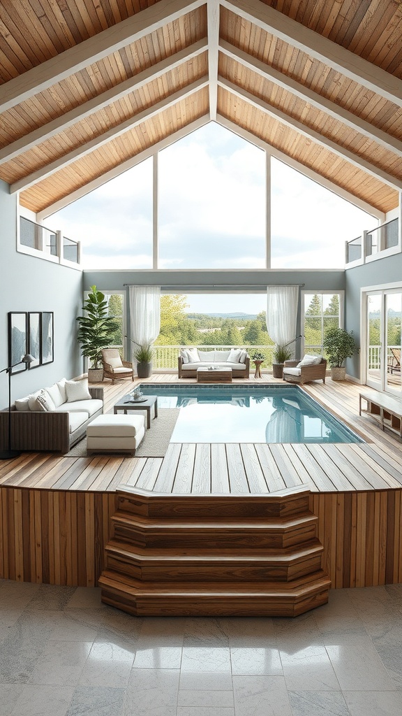 A modern multi-level deck surrounding an above-ground pool with wooden steps and lounge furniture.