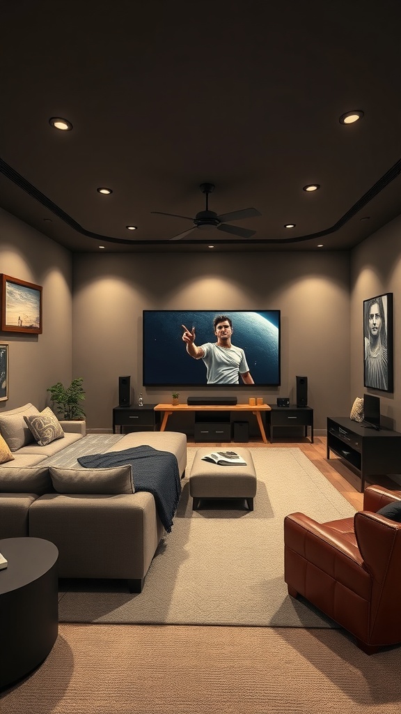 Cozy multi-purpose entertainment space with a large TV, comfortable seating, and warm lighting.