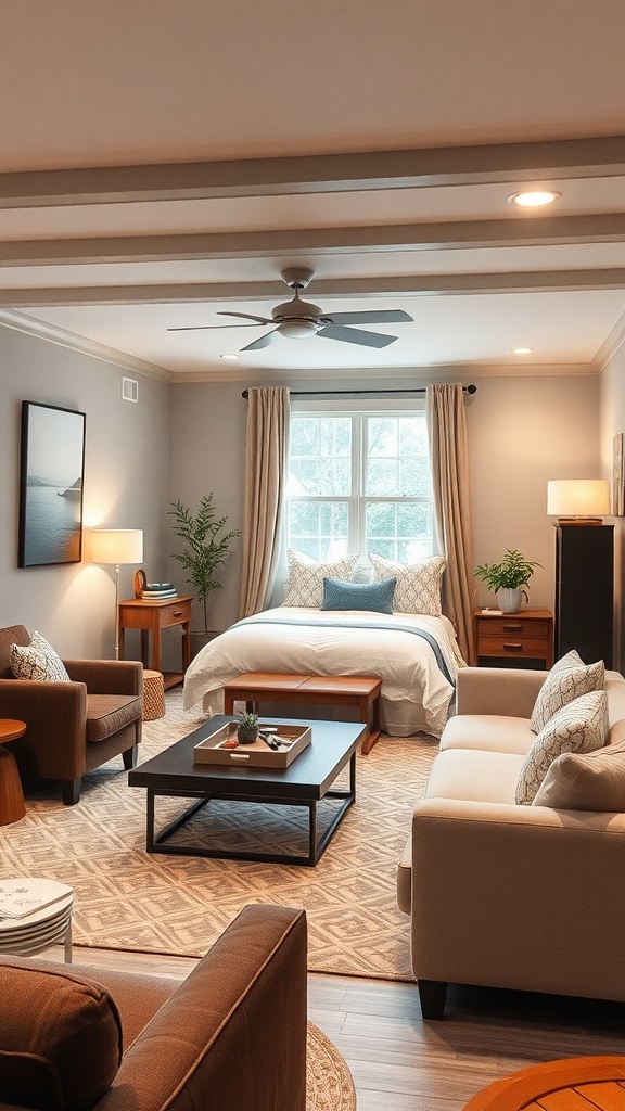 Cozy multi-purpose family space in an unfinished basement with seating, a bed, and plants.