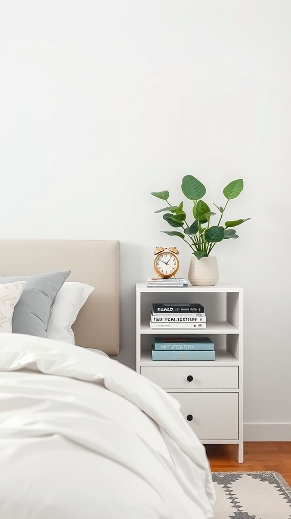 A modern multi-tiered nightstand with a plant, alarm clock, and books beside a bed.