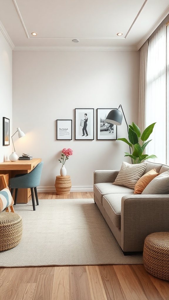 A modern living room with a sofa, desk, and plants, showcasing a multifunctional layout.