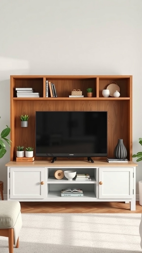 Small multifunctional TV unit with shelves and storage.